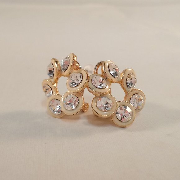 18K Yellow Gold Plated Swirl Flower Crystal Stud Earrings - Picture 2 of 6